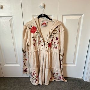 Johnny Was Flore embroidered tiered zip up hoodie sweatshirt in oatmeal.